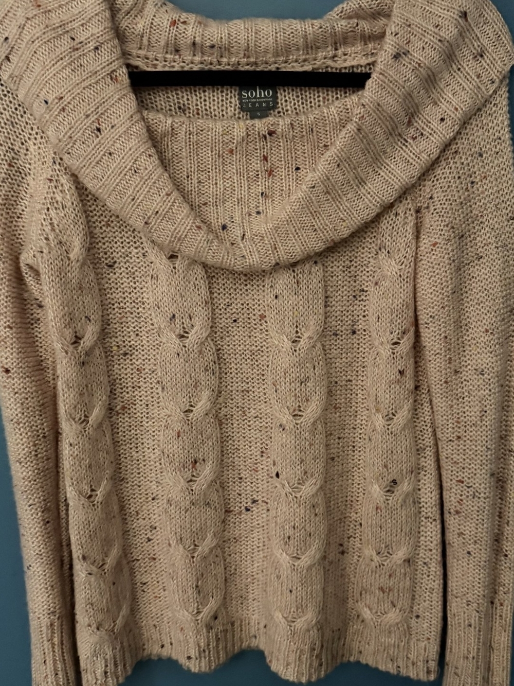 SOHO New York & Company Light Pink Off-the-Shoulder Cable-Knit Sweater w/ Flecks